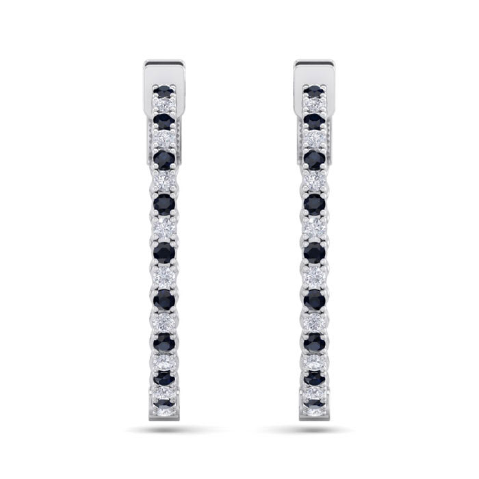 1 Carat Sapphire and Diamond Hoop Earrings In 14 Karat White Gold, 3/4 Inch