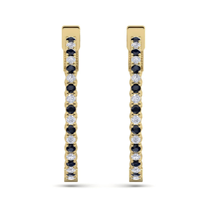 1 Carat Sapphire and Diamond Hoop Earrings In 14 Karat Yellow Gold, 3/4 Inch