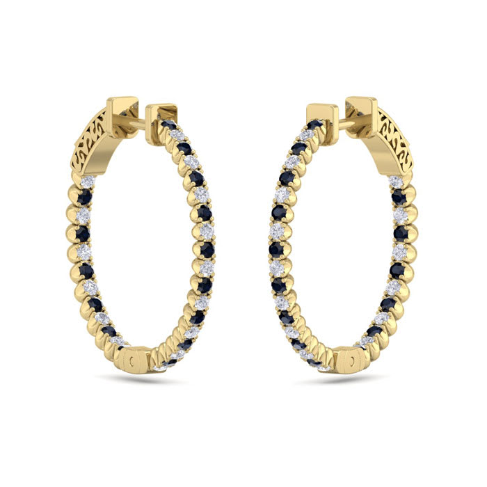 1 Carat Sapphire and Diamond Hoop Earrings In 14 Karat Yellow Gold, 3/4 Inch