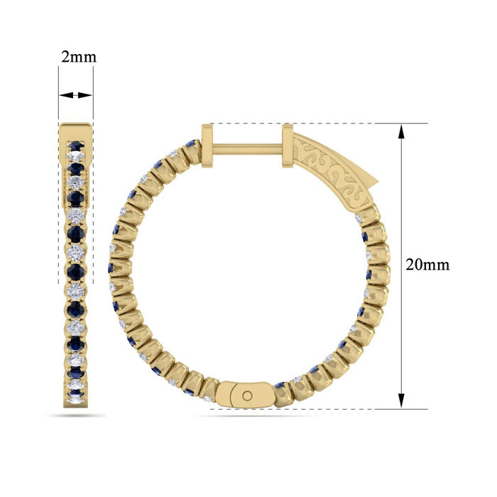 1 Carat Sapphire and Diamond Hoop Earrings In 14 Karat Yellow Gold, 3/4 Inch