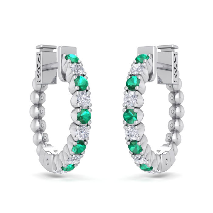 1/2 Carat Emerald and Diamond Hoop Earrings In 14 Karat White Gold, 1/2 Inch