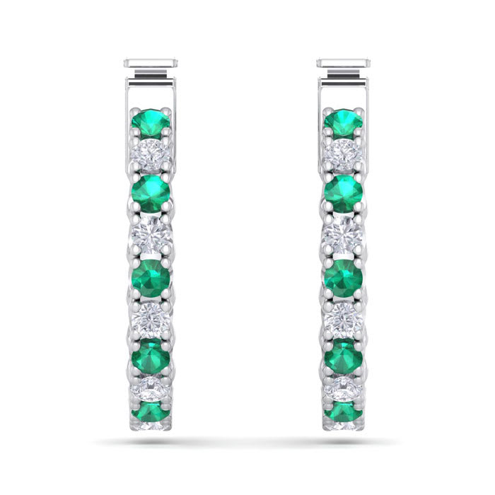 1/2 Carat Emerald and Diamond Hoop Earrings In 14 Karat White Gold, 1/2 Inch