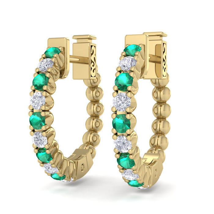 1/2 Carat Emerald and Diamond Hoop Earrings In 14 Karat Yellow Gold, 1/2 Inch