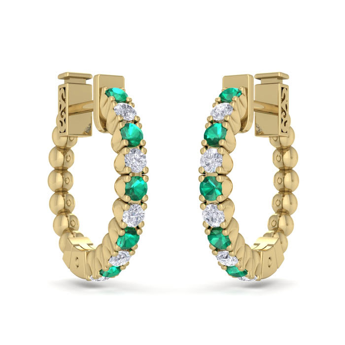 1/2 Carat Emerald and Diamond Hoop Earrings In 14 Karat Yellow Gold, 1/2 Inch