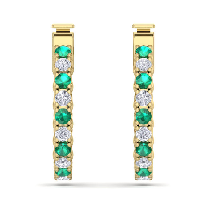1/2 Carat Emerald and Diamond Hoop Earrings In 14 Karat Yellow Gold, 1/2 Inch