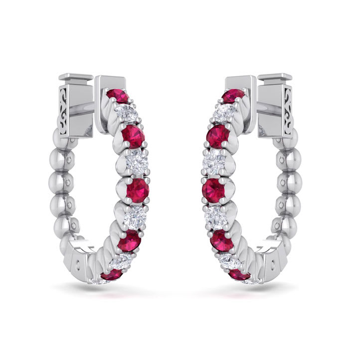 1/2 Carat Ruby and Diamond Hoop Earrings In 14 Karat White Gold, 1/2 Inch