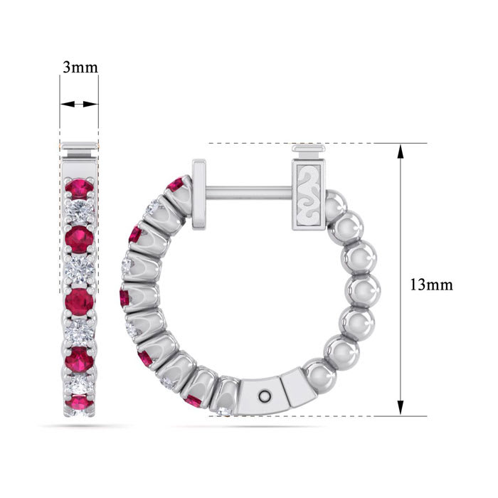 1/2 Carat Ruby and Diamond Hoop Earrings In 14 Karat White Gold, 1/2 Inch