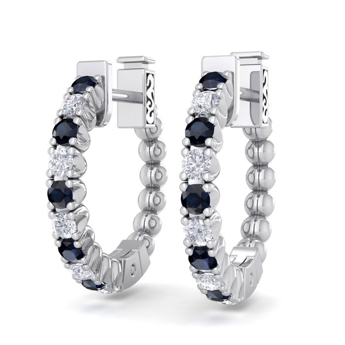 1/2 Carat Sapphire and Diamond Hoop Earrings In 14 Karat White Gold, 1/2 Inch