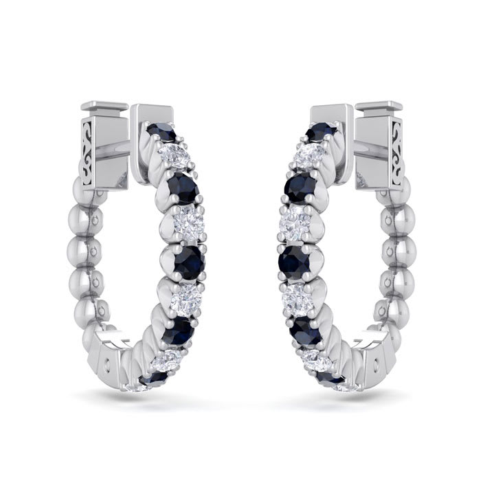1/2 Carat Sapphire and Diamond Hoop Earrings In 14 Karat White Gold, 1/2 Inch