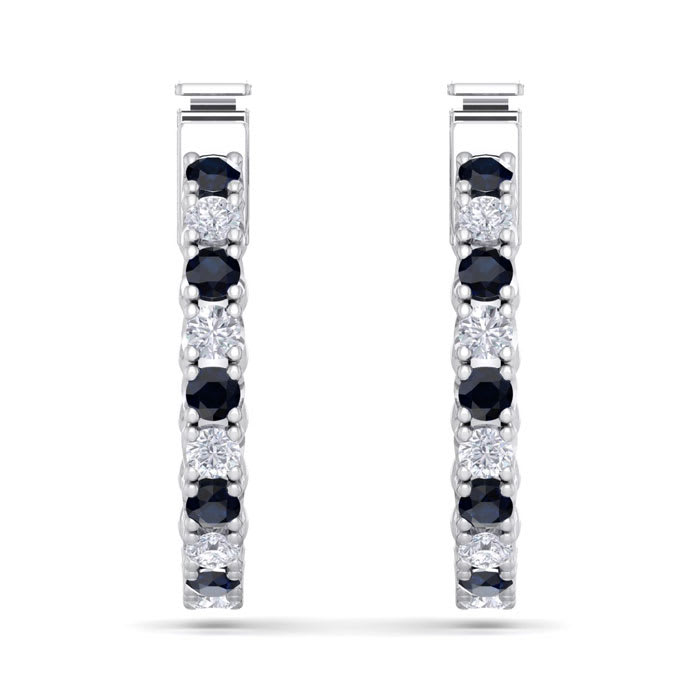 1/2 Carat Sapphire and Diamond Hoop Earrings In 14 Karat White Gold, 1/2 Inch