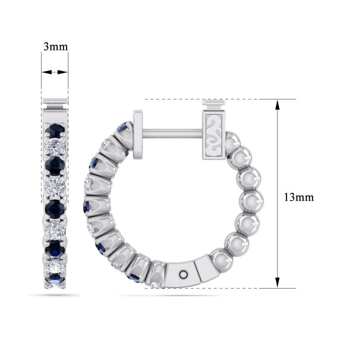 1/2 Carat Sapphire and Diamond Hoop Earrings In 14 Karat White Gold, 1/2 Inch