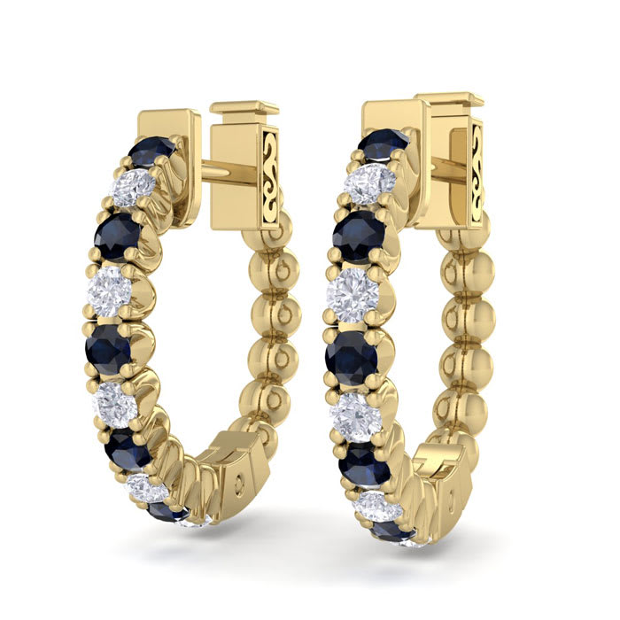 1/2 Carat Sapphire and Diamond Hoop Earrings In 14 Karat Yellow Gold, 1/2 Inch