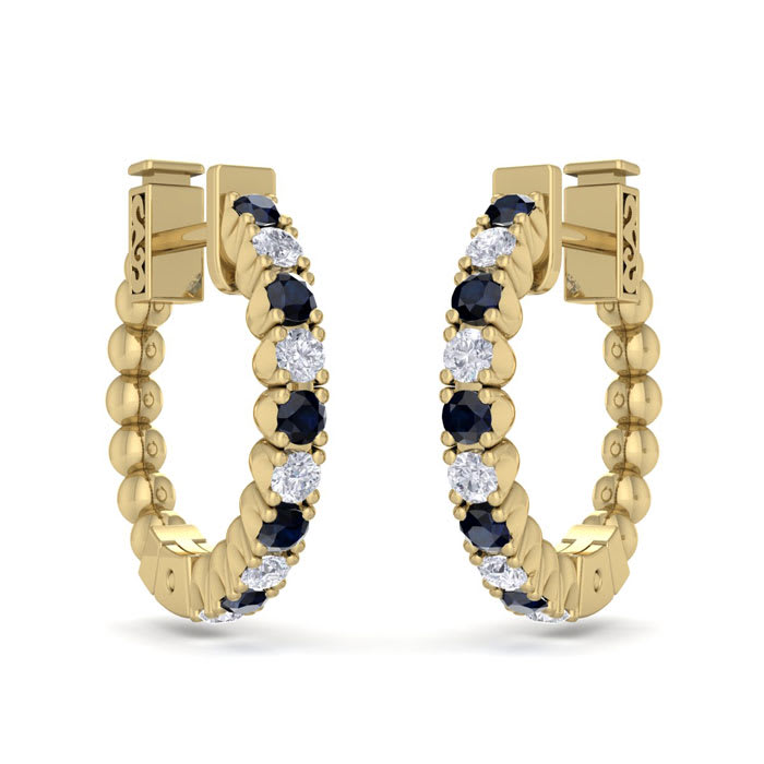 1/2 Carat Sapphire and Diamond Hoop Earrings In 14 Karat Yellow Gold, 1/2 Inch