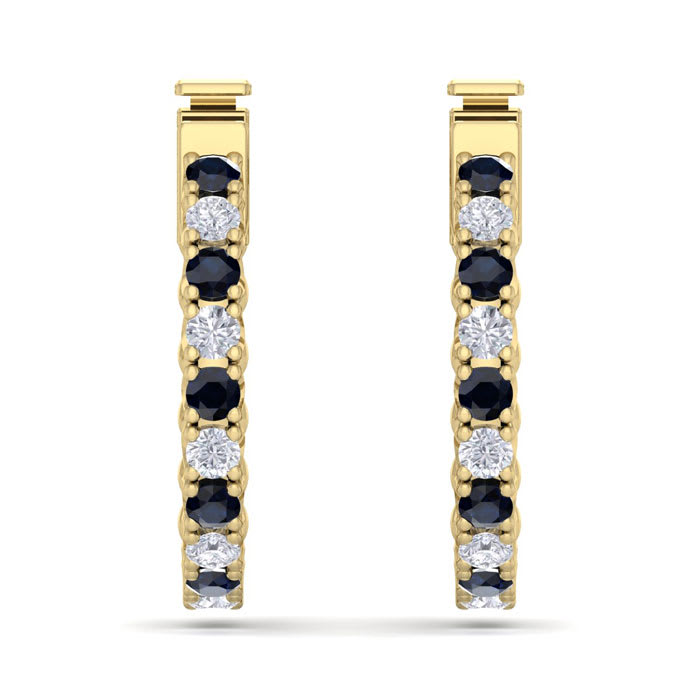 1/2 Carat Sapphire and Diamond Hoop Earrings In 14 Karat Yellow Gold, 1/2 Inch