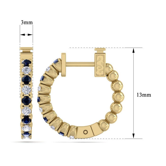 1/2 Carat Sapphire and Diamond Hoop Earrings In 14 Karat Yellow Gold, 1/2 Inch