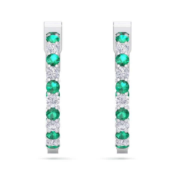 2 Carat Emerald and Diamond Hoop Earrings In 14 Karat White Gold, 3/4 Inch