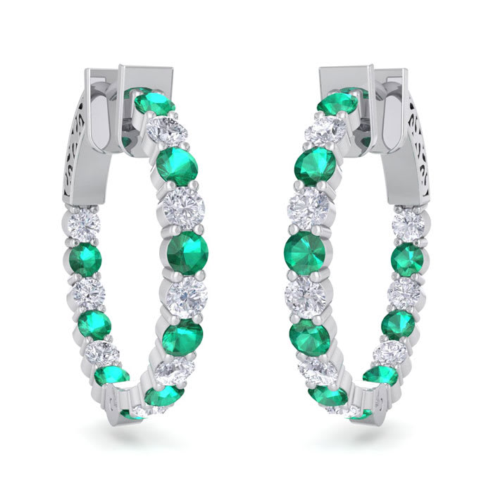 2 Carat Emerald and Diamond Hoop Earrings In 14 Karat White Gold, 3/4 Inch