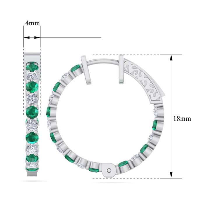 2 Carat Emerald and Diamond Hoop Earrings In 14 Karat White Gold, 3/4 Inch
