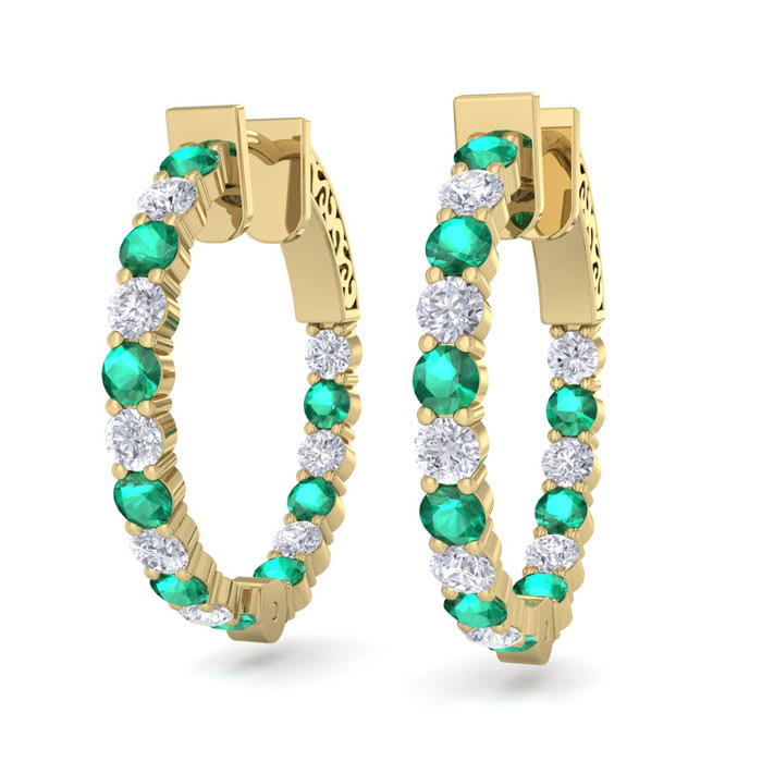 2 Carat Emerald and Diamond Hoop Earrings In 14 Karat Yellow Gold, 3/4 Inch