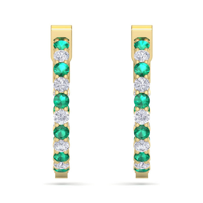 2 Carat Emerald and Diamond Hoop Earrings In 14 Karat Yellow Gold, 3/4 Inch
