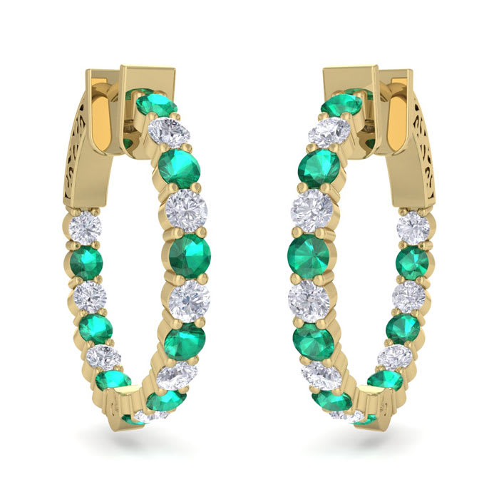 2 Carat Emerald and Diamond Hoop Earrings In 14 Karat Yellow Gold, 3/4 Inch