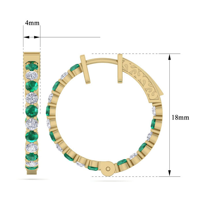 2 Carat Emerald and Diamond Hoop Earrings In 14 Karat Yellow Gold, 3/4 Inch