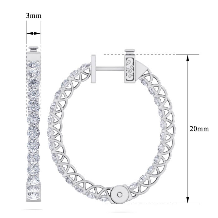 3 Carat Diamond Hoop Earrings In 14 Karat White Gold, 3/4 Inch