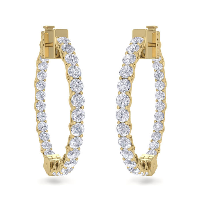 3 Carat Diamond Hoop Earrings In 14 Karat Yellow Gold, 3/4 Inch