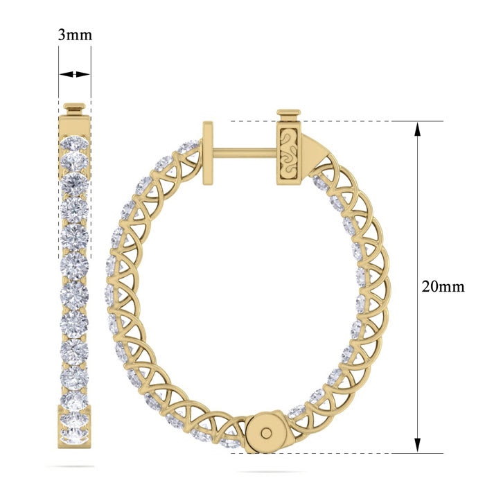 3 Carat Diamond Hoop Earrings In 14 Karat Yellow Gold, 3/4 Inch