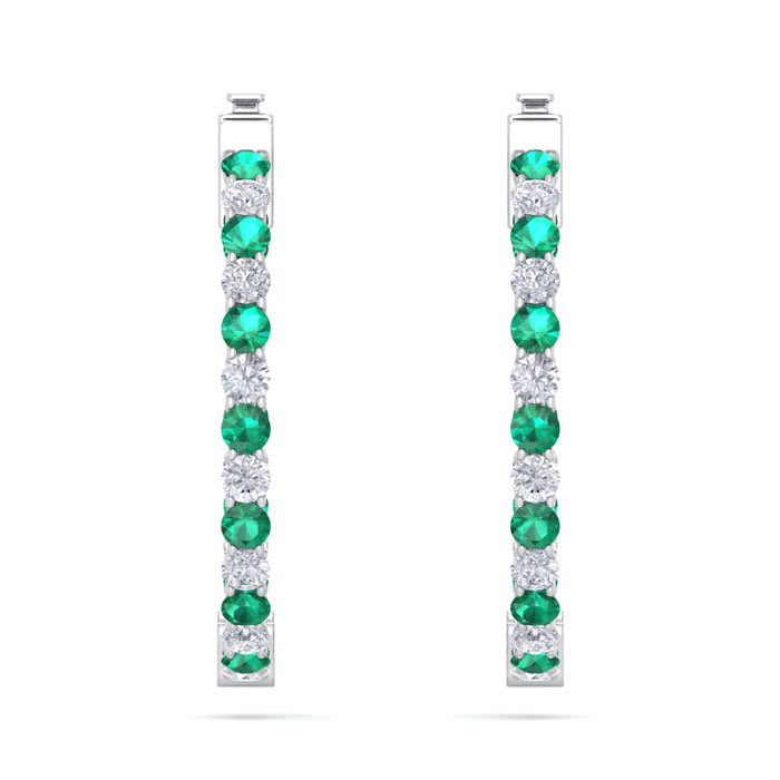 3 Carat Emerald and Diamond Hoop Earrings In 14 Karat White Gold, 3/4 Inch