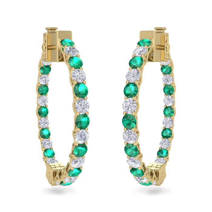 3 Carat Emerald and Diamond Hoop Earrings In 14 Karat Yellow Gold, 3/4 Inch