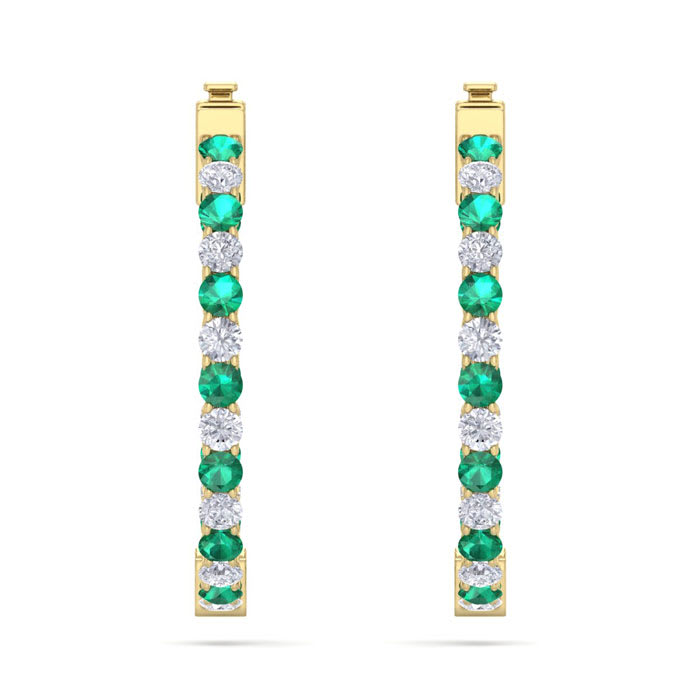 3 Carat Emerald and Diamond Hoop Earrings In 14 Karat Yellow Gold, 3/4 Inch