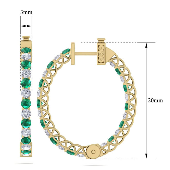 3 Carat Emerald and Diamond Hoop Earrings In 14 Karat Yellow Gold, 3/4 Inch