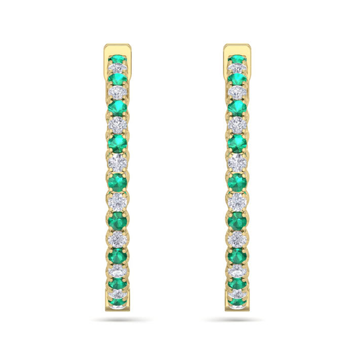 5 Carat Emerald and Diamond Hoop Earrings In 14 Karat Yellow Gold, 1 1/4 Inch