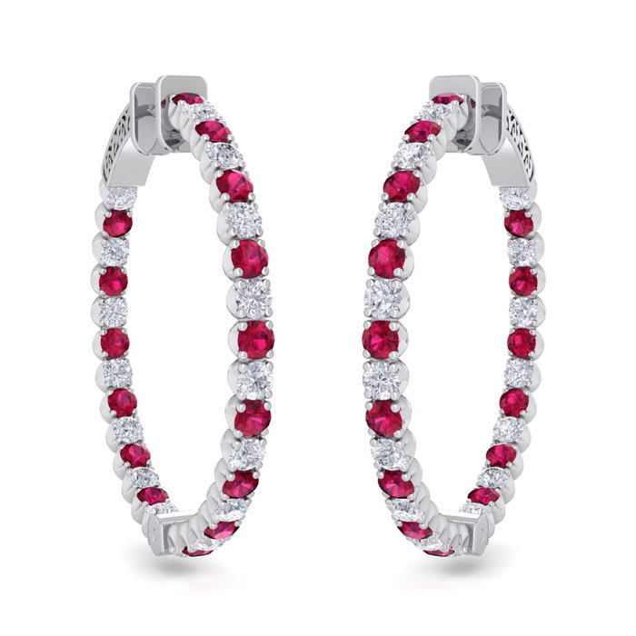 5 Carat Ruby and Diamond Hoop Earrings In 14 Karat White Gold, 1 1/4 Inch