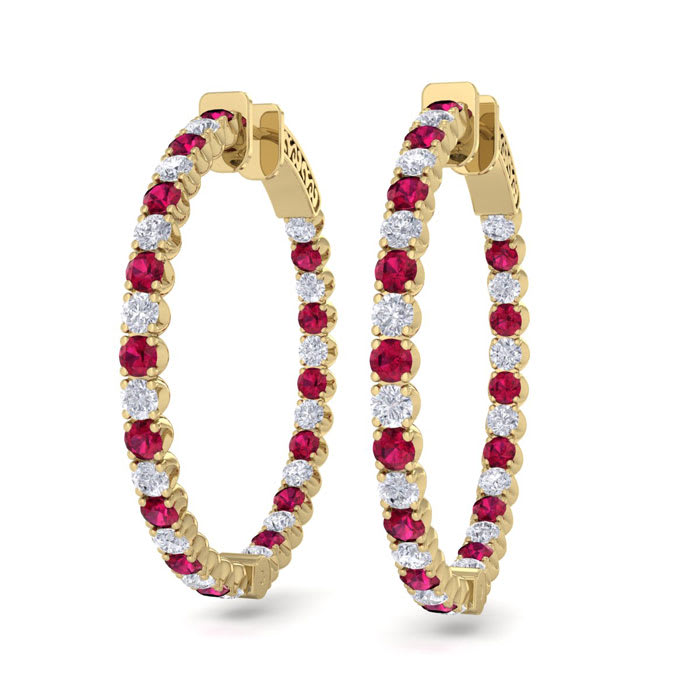 5 Carat Ruby and Diamond Hoop Earrings In 14 Karat Yellow Gold, 1 1/4 Inch