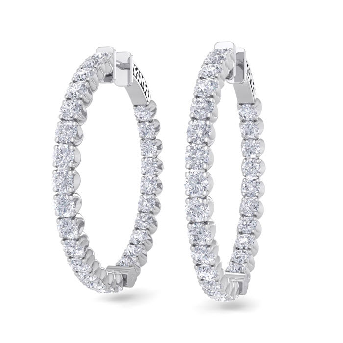 5 Carat Diamond Hoop Earrings In 14 Karat White Gold, 1 1/2 Inches