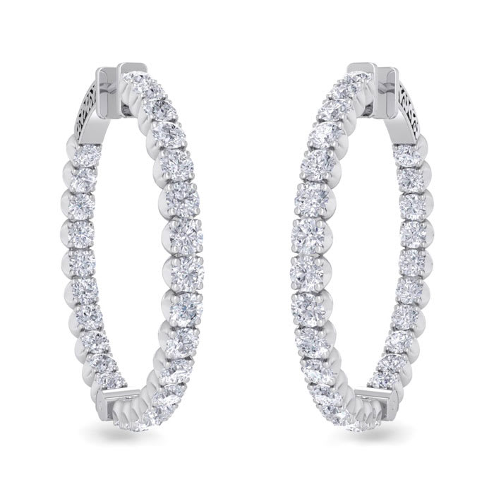 5 Carat Diamond Hoop Earrings In 14 Karat White Gold, 1 1/2 Inches
