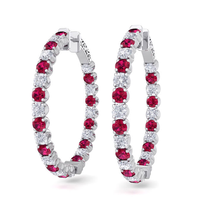 5 Carat Ruby and Diamond Hoop Earrings In 14 Karat White Gold, 1 1/2 Inches