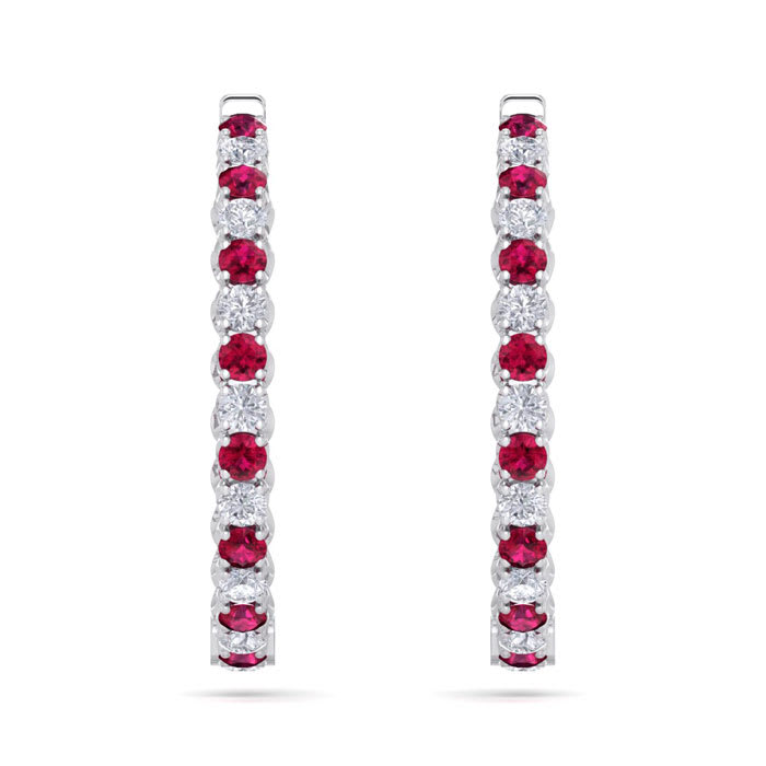 5 Carat Ruby and Diamond Hoop Earrings In 14 Karat White Gold, 1 1/2 Inches