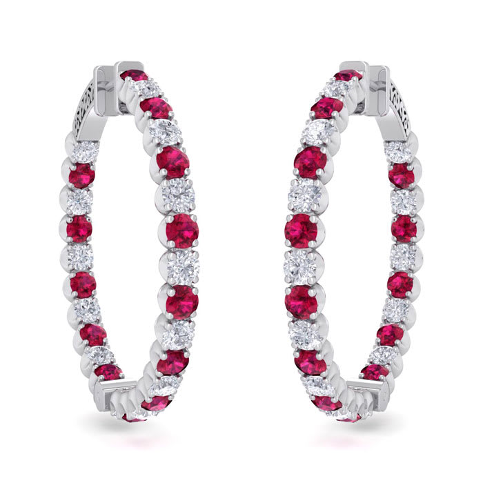 5 Carat Ruby and Diamond Hoop Earrings In 14 Karat White Gold, 1 1/2 Inches