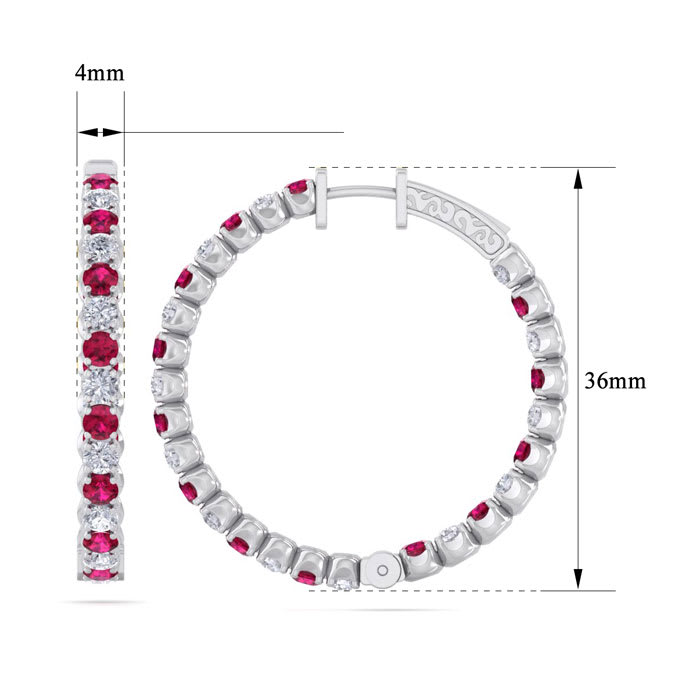 5 Carat Ruby and Diamond Hoop Earrings In 14 Karat White Gold, 1 1/2 Inches