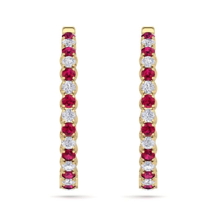 5 Carat Ruby and Diamond Hoop Earrings In 14 Karat Yellow Gold, 1 1/2 Inches