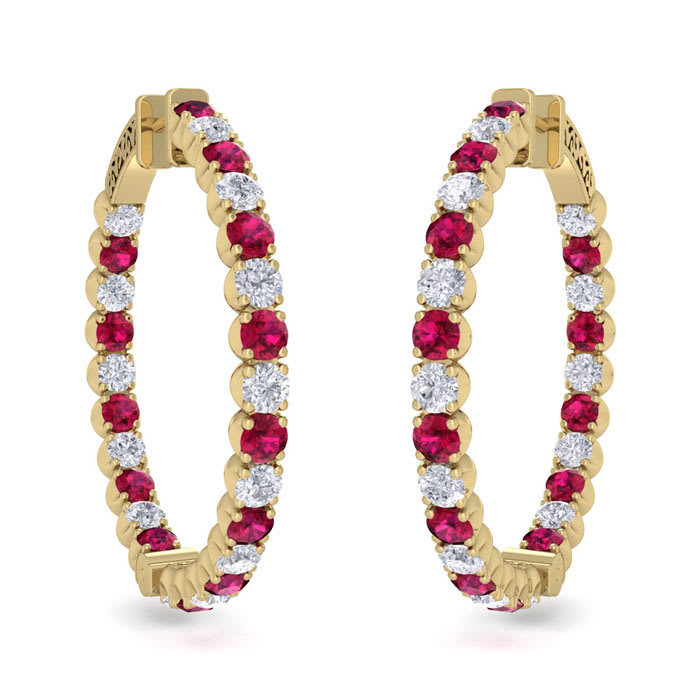 5 Carat Ruby and Diamond Hoop Earrings In 14 Karat Yellow Gold, 1 1/2 Inches