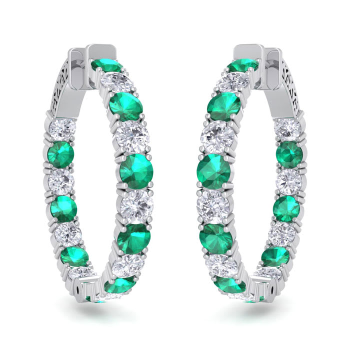 7 Carat Emerald and Diamond Hoop Earrings In 14 Karat White Gold, 1 1/4 Inch
