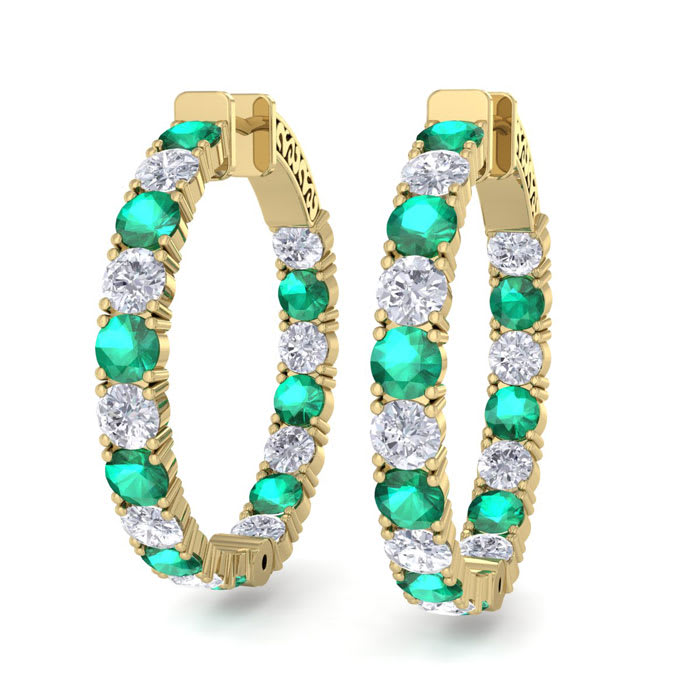 7 Carat Emerald and Diamond Hoop Earrings In 14 Karat Yellow Gold, 1 1/4 Inch