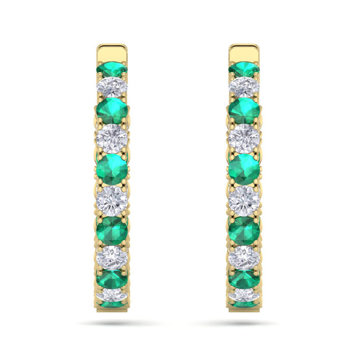 7 Carat Emerald and Diamond Hoop Earrings In 14 Karat Yellow Gold, 1 1/4 Inch
