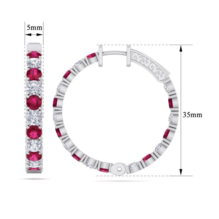 7 Carat Ruby and Diamond Hoop Earrings In 14 Karat White Gold, 1 1/4 Inch