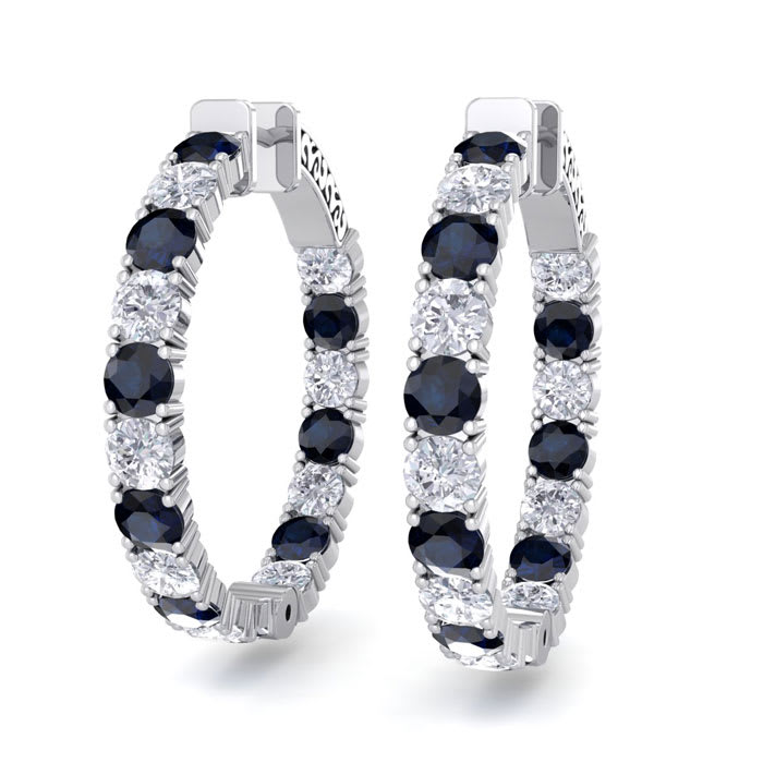 7 Carat Sapphire and Diamond Hoop Earrings In 14 Karat White Gold, 1 1/4 Inch