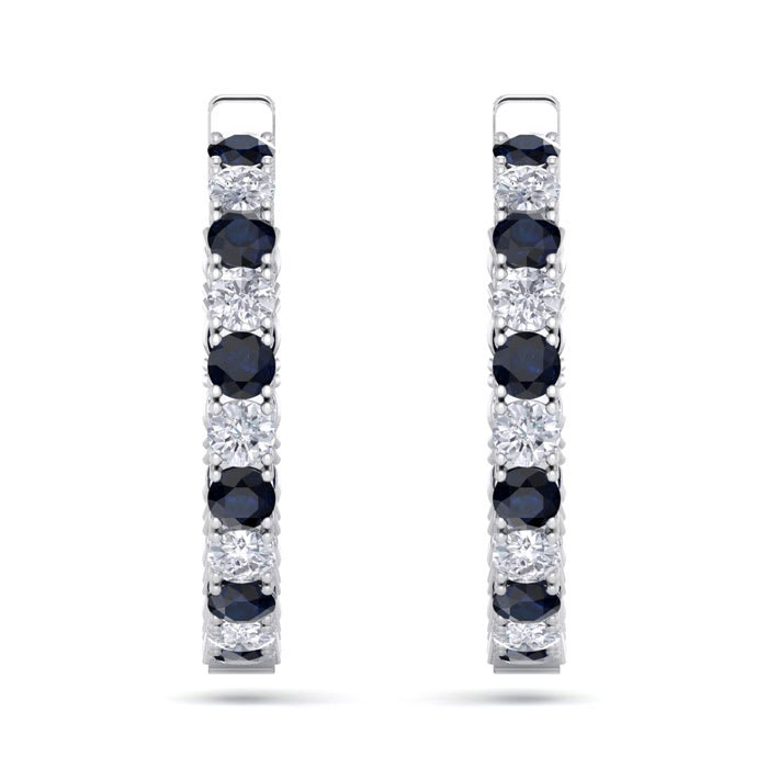 7 Carat Sapphire and Diamond Hoop Earrings In 14 Karat White Gold, 1 1/4 Inch